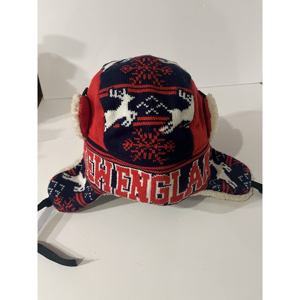 New England Winter Trapper Hat Reindeer Sherpa Ear Flap Red White Blue